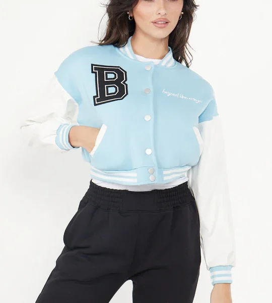Blue Varsity B Slogan Crop Baseball Jacket