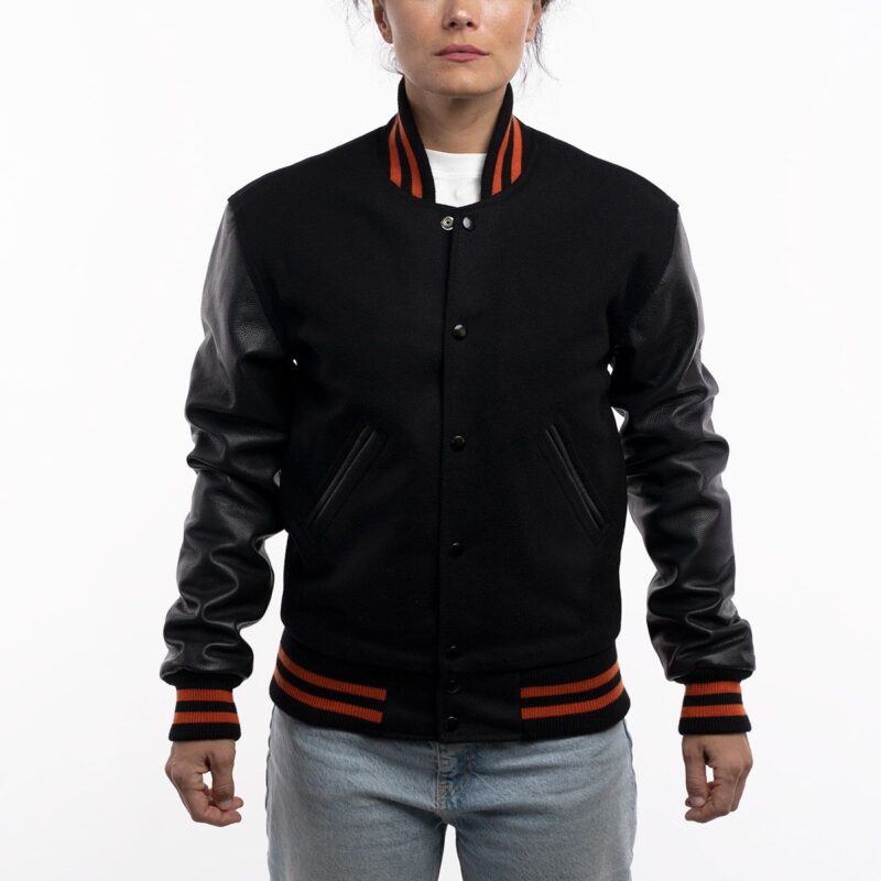 All Black with Burnt Orange Stripes Letterman Jacket