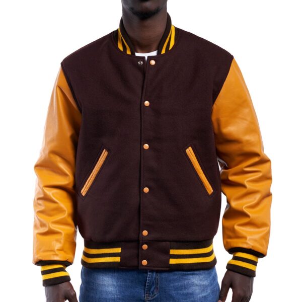 Bright Brown Wool Body Gold Leather Sleeves Letterman Jacket