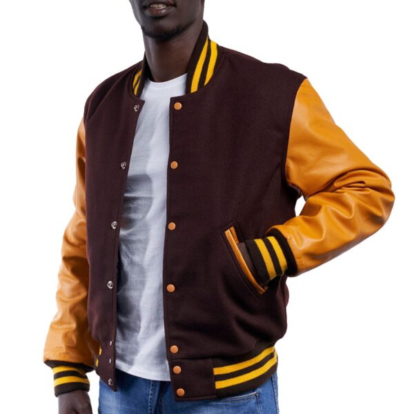Bright Brown Wool Body Gold Leather Sleeves Letterman Jacket