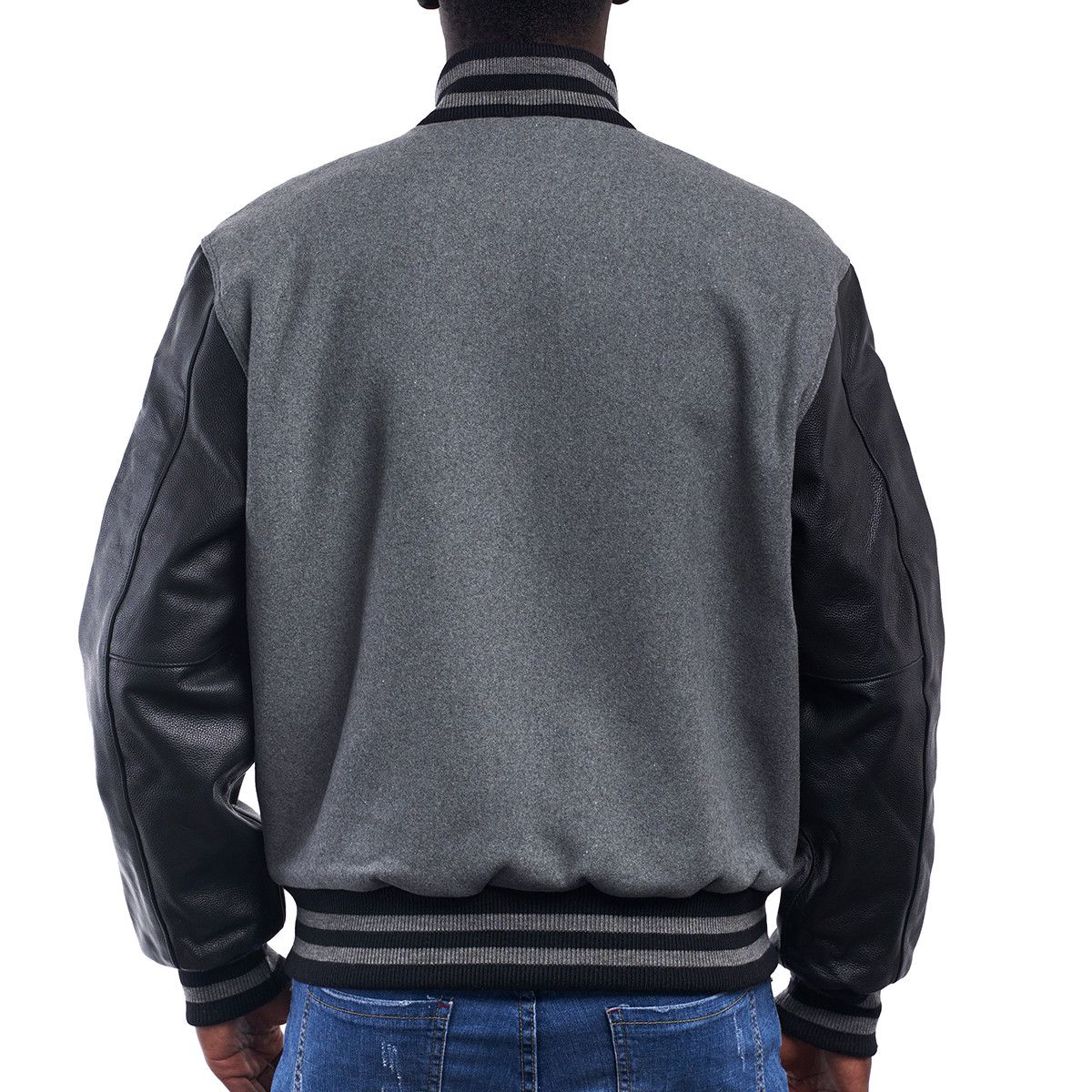 Light Oxford Wool Body Black Leather Sleeves Letterman Jacket