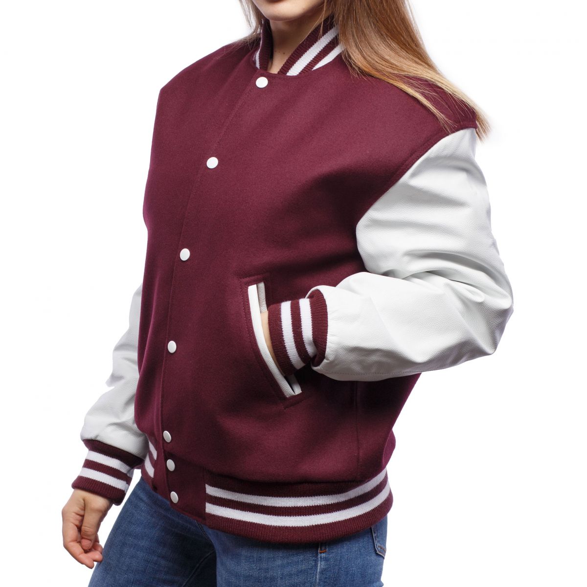 Maroon Wool Body & Bright White Leather Jacket
