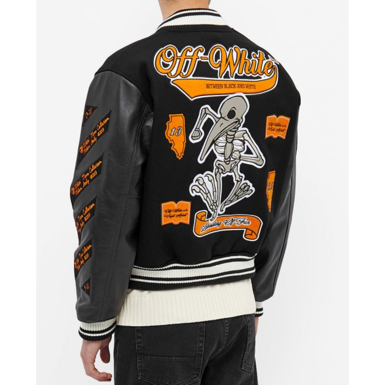 OFF-WHITE GRAPHICS LEATHER VARSITY JACKET Black Orange