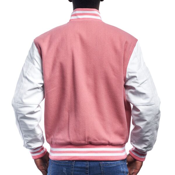 Pink Wool Body White Leather Sleeves Letterman Jacket
