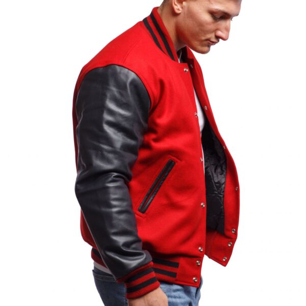 Red Wool Body Black Leather Sleeves Letterman Jacket