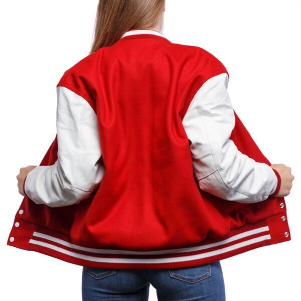 Scarlet Wool Body & Bright White Leather Sleeves Letterman Women Jacket