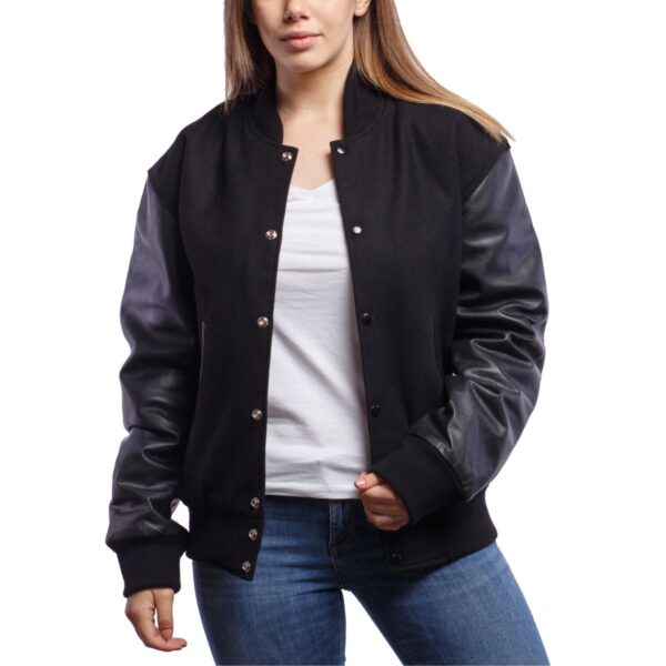 Black Wool Body & Black Leather Sleeves Women Jacket